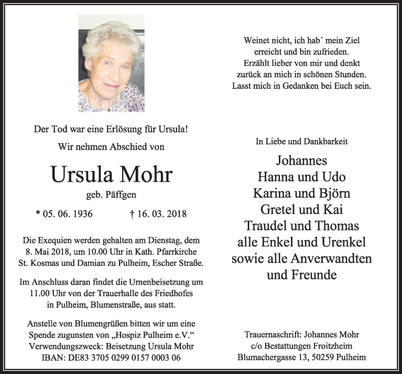 Traueranzeige für Ursula Mohr vom 05.05.2018 aus  Sonntags-Post 