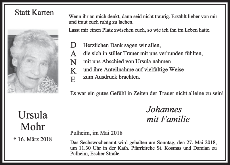  Traueranzeige für Ursula Mohr vom 19.05.2018 aus  Sonntags-Post 