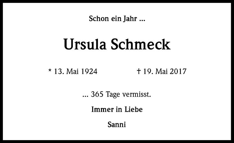  Traueranzeige für Ursula Schmeck vom 19.05.2018 aus Kölner Stadt-Anzeiger / Kölnische Rundschau / Express