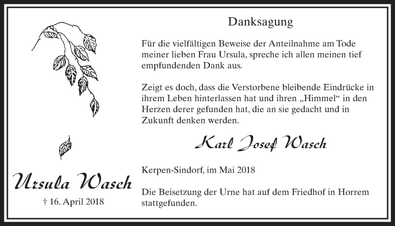  Traueranzeige für Ursula Wasch vom 19.05.2018 aus  Sonntags-Post 