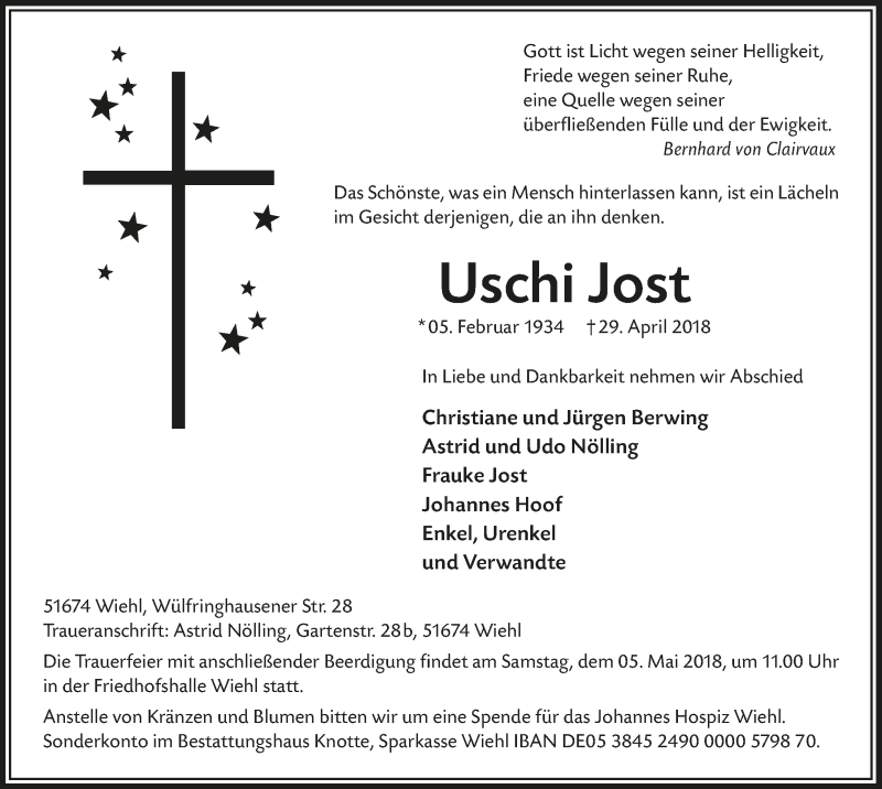  Traueranzeige für Uschi Jost vom 02.05.2018 aus  Anzeigen Echo 