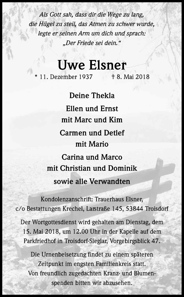  Traueranzeige für Uwe Elsner vom 12.05.2018 aus Kölner Stadt-Anzeiger / Kölnische Rundschau / Express