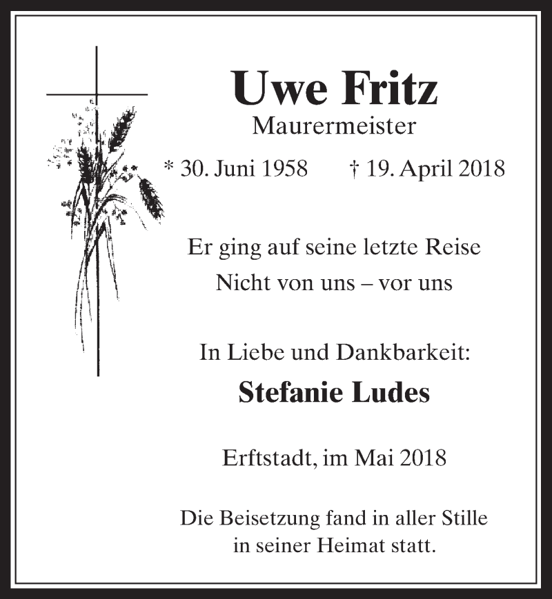  Traueranzeige für Uwe Fritz vom 16.05.2018 aus  Werbepost 