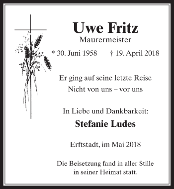 Anzeige von Uwe Fritz von  Werbepost 