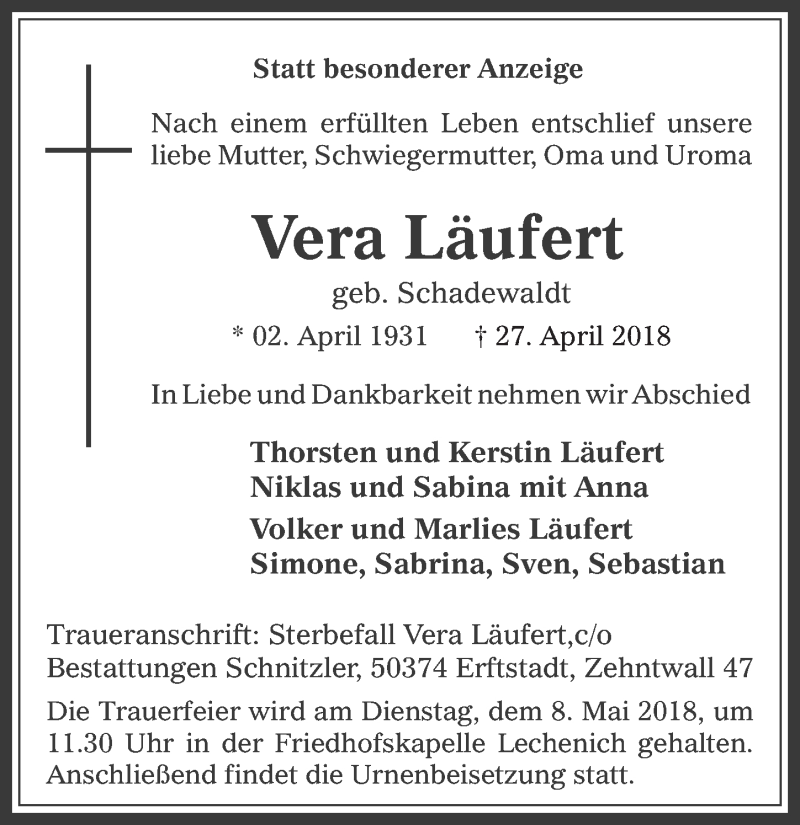  Traueranzeige für Vera Läufert vom 02.05.2018 aus  Werbepost 