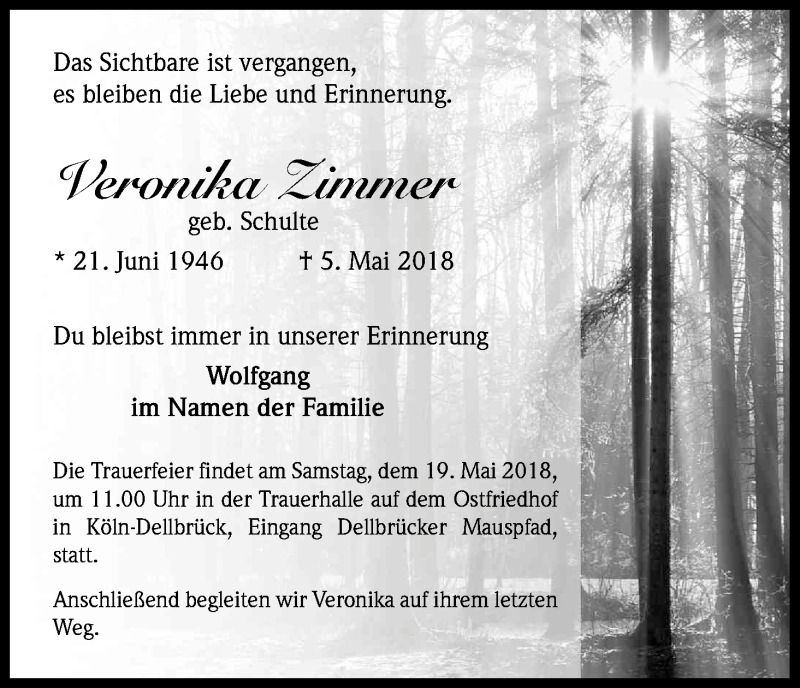  Traueranzeige für Veronika Zimmer vom 12.05.2018 aus Kölner Stadt-Anzeiger / Kölnische Rundschau / Express