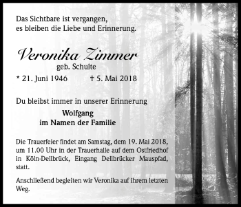 Anzeige von Veronika Zimmer von Kölner Stadt-Anzeiger / Kölnische Rundschau / Express