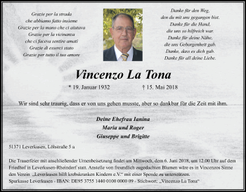 Anzeige von Vincenzo La Tona von Kölner Stadt-Anzeiger / Kölnische Rundschau / Express