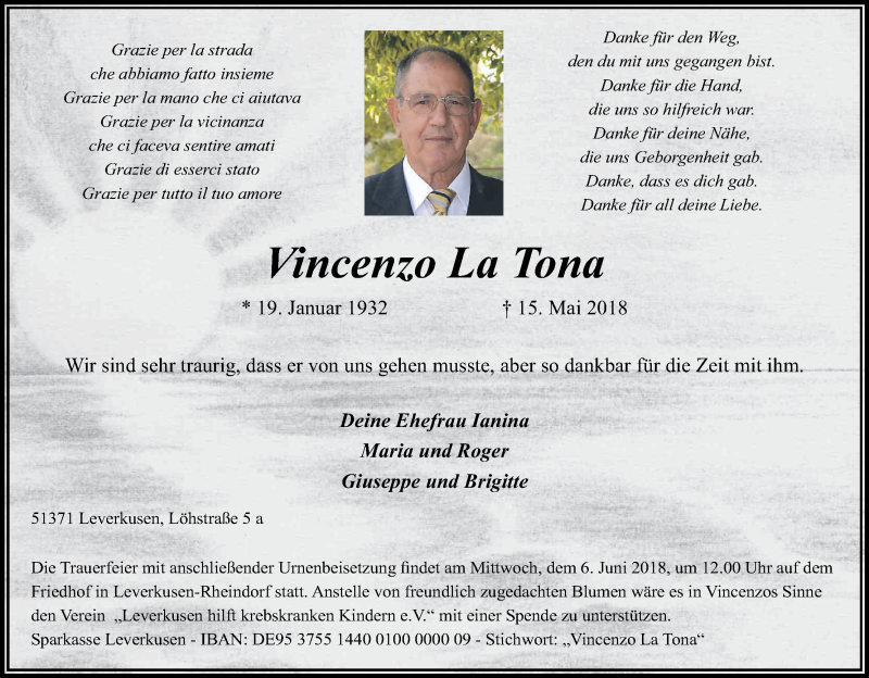  Traueranzeige für Vincenzo La Tona vom 26.05.2018 aus Kölner Stadt-Anzeiger / Kölnische Rundschau / Express