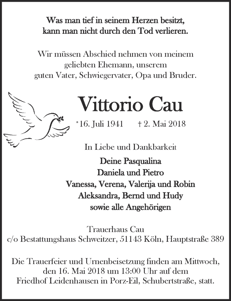  Traueranzeige für Vittorio Cau vom 09.05.2018 aus  Kölner Wochenspiegel 