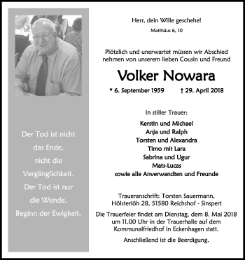 Anzeige von Volker Nowara von Kölner Stadt-Anzeiger / Kölnische Rundschau / Express