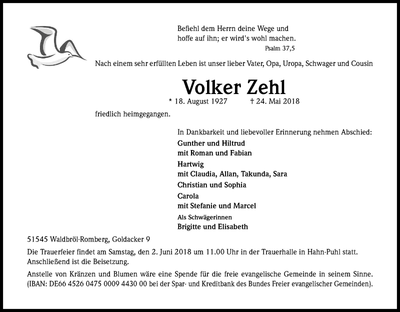  Traueranzeige für Volker Zehl vom 30.05.2018 aus Kölner Stadt-Anzeiger / Kölnische Rundschau / Express