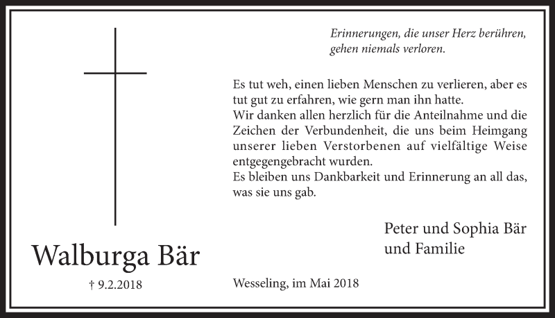  Traueranzeige für Walburga Bär vom 16.05.2018 aus  Schlossbote/Werbekurier 