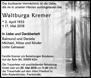 Anzeige von Waltburga Kremer von Kölner Stadt-Anzeiger / Kölnische Rundschau / Express