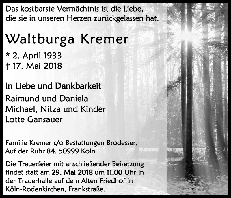  Traueranzeige für Waltburga Kremer vom 23.05.2018 aus Kölner Stadt-Anzeiger / Kölnische Rundschau / Express