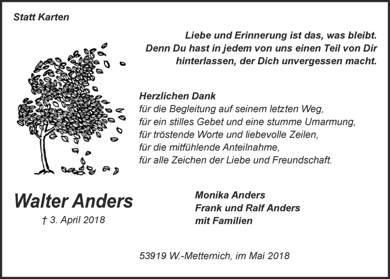  Traueranzeige für Walter Anders vom 19.05.2018 aus  Blickpunkt Euskirchen 