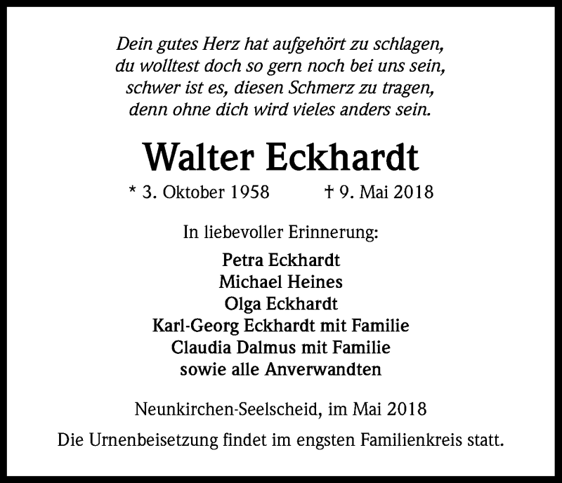  Traueranzeige für Walter Eckhardt vom 16.05.2018 aus Kölner Stadt-Anzeiger / Kölnische Rundschau / Express