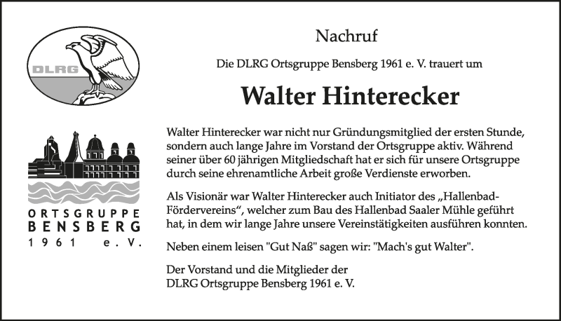  Traueranzeige für Walter Hinterecker vom 16.05.2018 aus  Bergisches Handelsblatt 