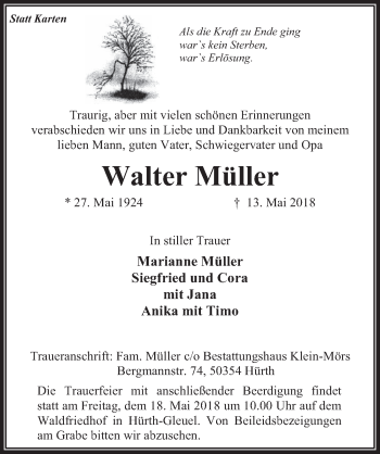 Anzeige von Walter Müller von  Wochenende 