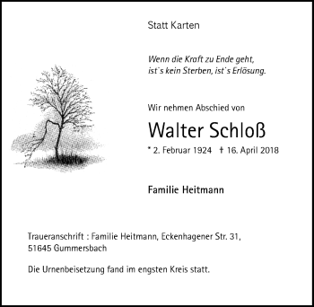 Anzeige von Walter Schloß von  Anzeigen Echo 
