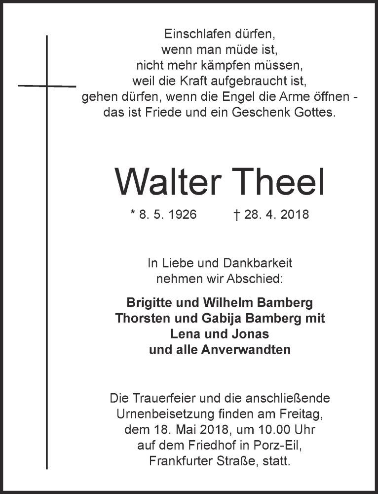  Traueranzeige für Walter Theel vom 09.05.2018 aus  Kölner Wochenspiegel 