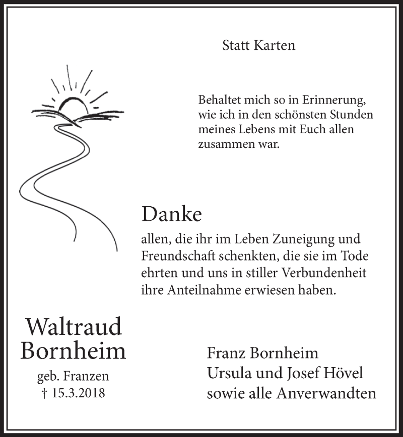 Traueranzeige für Waltraud Bornheim vom 02.05.2018 aus  Schlossbote/Werbekurier 