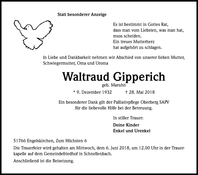  Traueranzeige für Waltraud Gipperich vom 30.05.2018 aus Kölner Stadt-Anzeiger / Kölnische Rundschau / Express