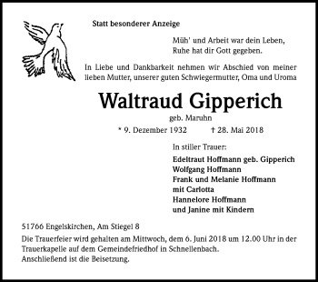 Anzeige von Waltraud Gipperich von Kölner Stadt-Anzeiger / Kölnische Rundschau / Express