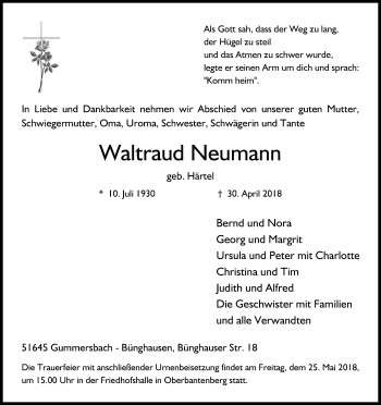 Anzeige von Waltraud Neumann von Kölner Stadt-Anzeiger / Kölnische Rundschau / Express