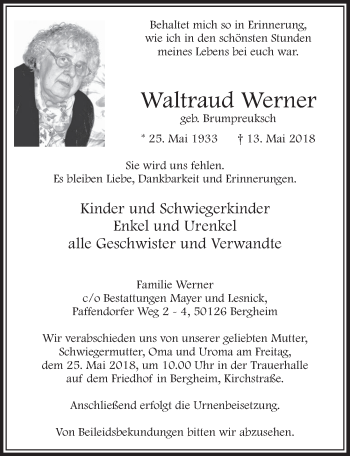 Anzeige von Waltraud Werner von  Sonntags-Post 