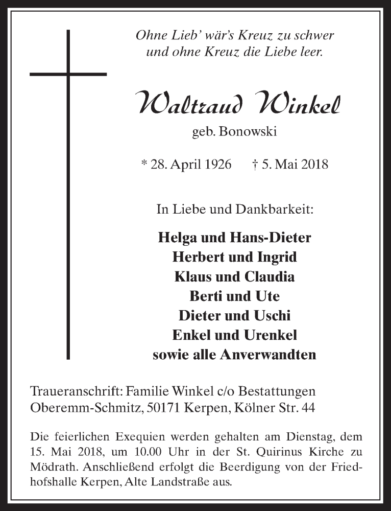 Traueranzeige für Waltraud Winkel vom 09.05.2018 aus  Werbepost 