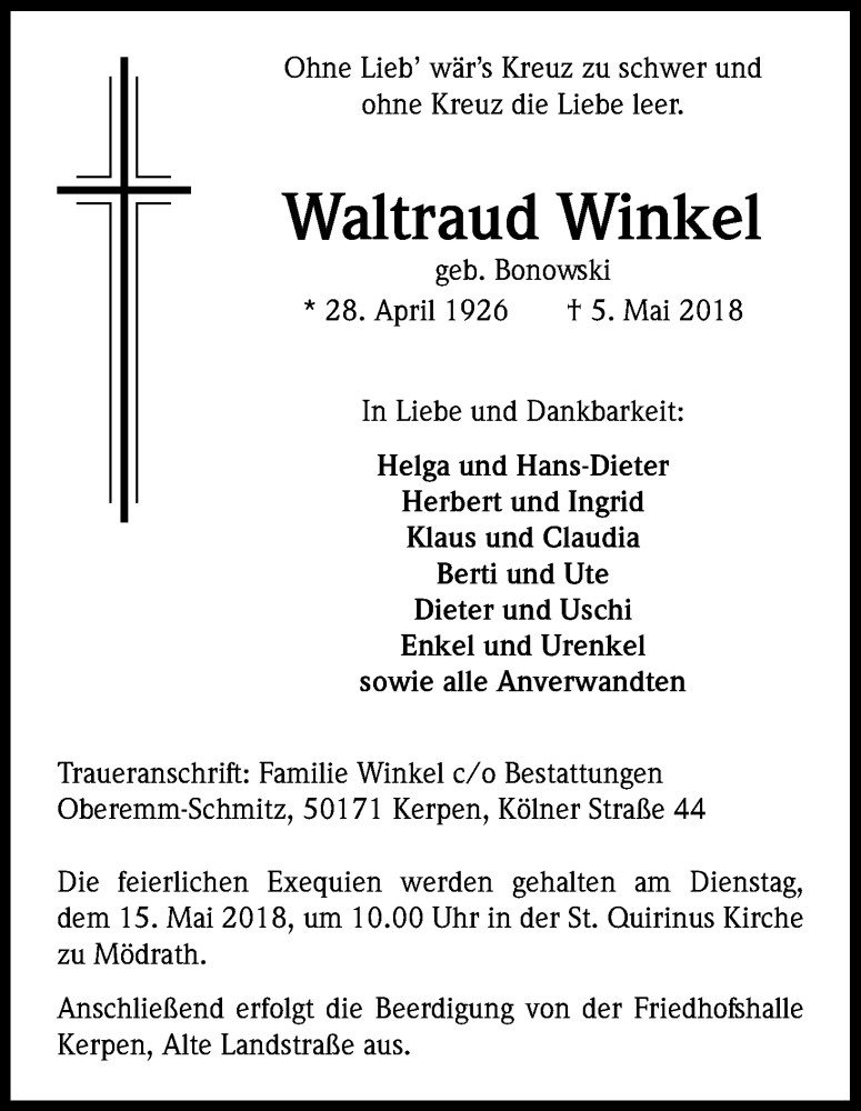  Traueranzeige für Waltraud Winkel vom 12.05.2018 aus Kölner Stadt-Anzeiger / Kölnische Rundschau / Express