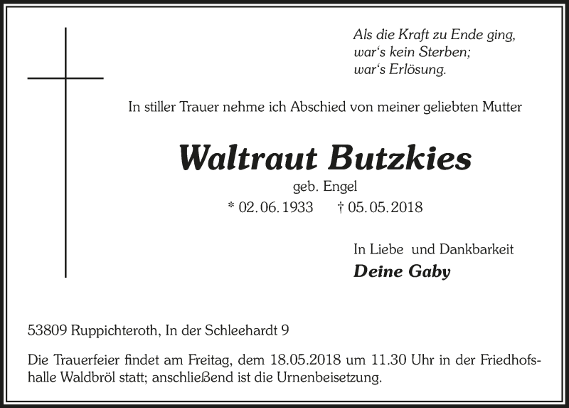 Traueranzeige für Waltraut Butzkies vom 16.05.2018 aus  Lokalanzeiger 
