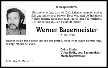 Anzeige von Werner Bauermeister von Kölner Stadt-Anzeiger / Kölnische Rundschau / Express