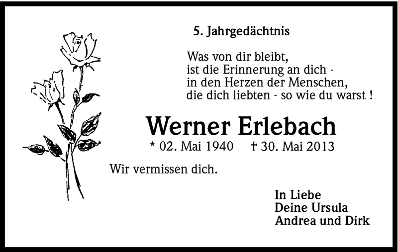  Traueranzeige für Werner Erlebach vom 30.05.2018 aus Kölner Stadt-Anzeiger / Kölnische Rundschau / Express