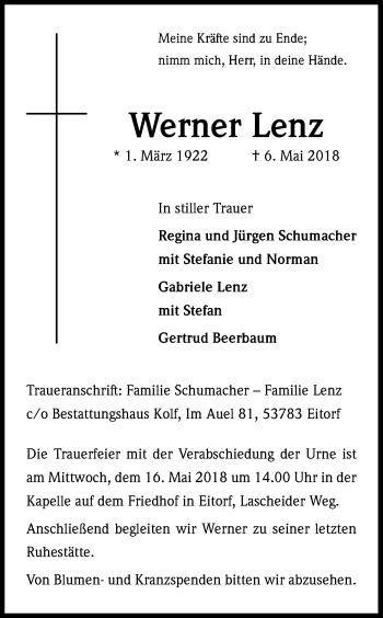 Anzeige von Werner Lenz von Kölner Stadt-Anzeiger / Kölnische Rundschau / Express