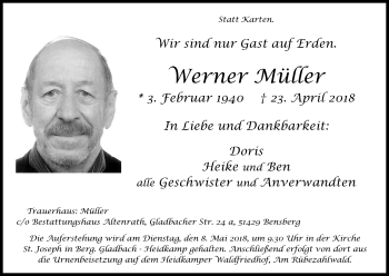 Anzeige von Werner Müller von Kölner Stadt-Anzeiger / Kölnische Rundschau / Express