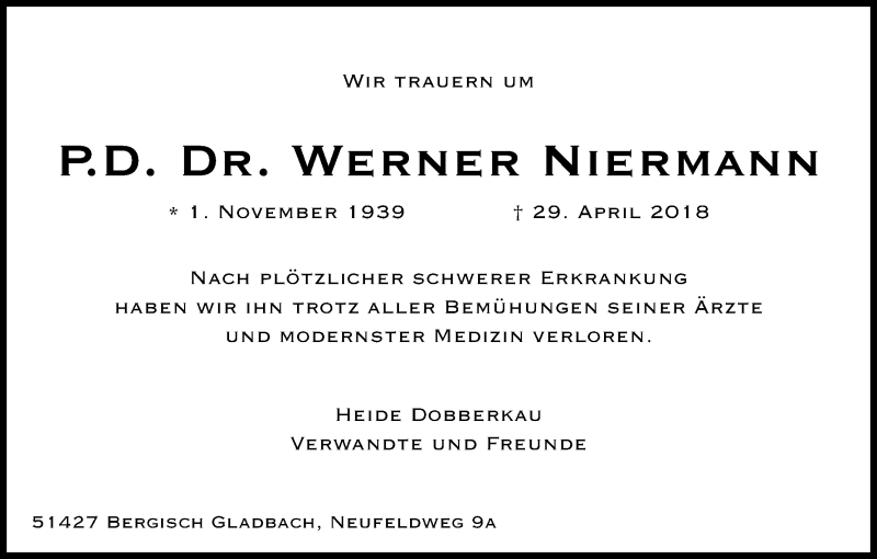  Traueranzeige für Werner  Niermann vom 05.05.2018 aus Kölner Stadt-Anzeiger / Kölnische Rundschau / Express