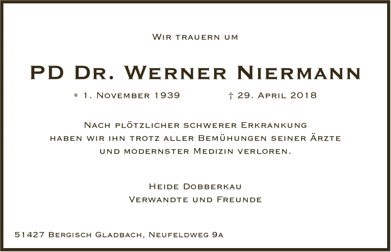  Traueranzeige für Werner  Niermann vom 09.05.2018 aus  Bergisches Handelsblatt 