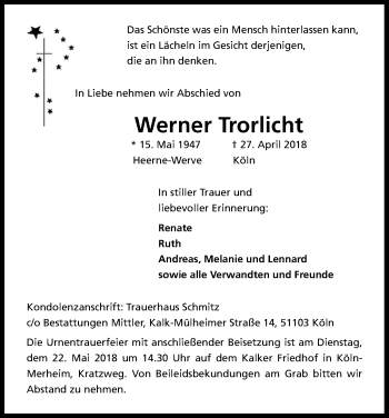 Anzeige von Werner Trorlicht von Kölner Stadt-Anzeiger / Kölnische Rundschau / Express