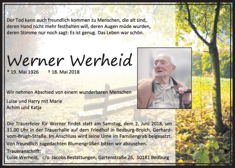  Traueranzeige für Werner Werheid vom 26.05.2018 aus  Sonntags-Post 
