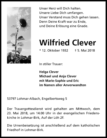 Anzeige von Wilfried Clever von Kölner Stadt-Anzeiger / Kölnische Rundschau / Express
