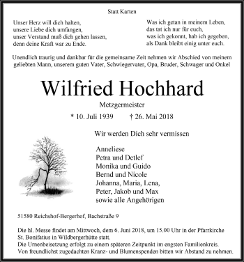 Anzeige von Wilfried Hochhard von  Anzeigen Echo  Lokalanzeiger 