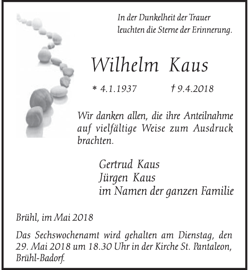  Traueranzeige für Wilhelm Kaus vom 16.05.2018 aus  Schlossbote/Werbekurier 