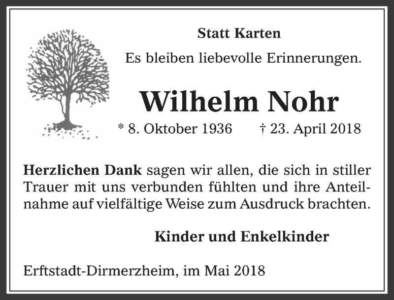  Traueranzeige für Wilhelm Nohr vom 23.05.2018 aus  Werbepost 