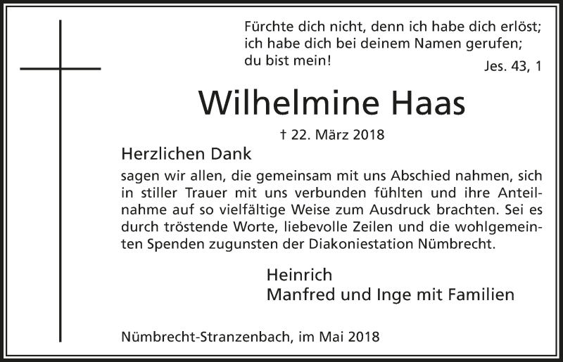  Traueranzeige für Wilhelmine Haas vom 16.05.2018 aus  Lokalanzeiger 