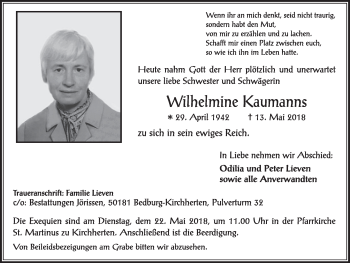 Anzeige von Wilhelmine Kaumanns von  Sonntags-Post 