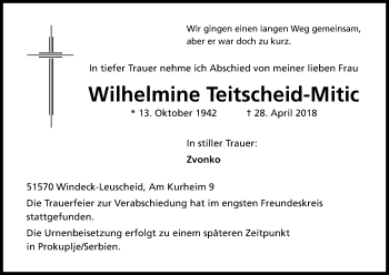 Anzeige von Wilhelmine Teitscheid-Mitic von Kölner Stadt-Anzeiger / Kölnische Rundschau / Express