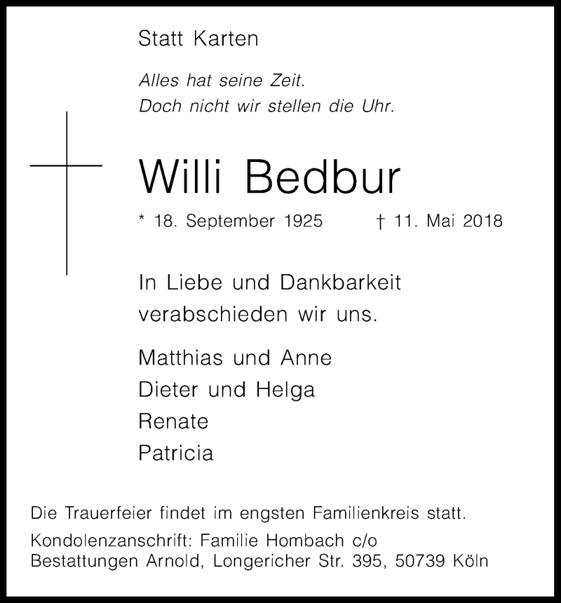  Traueranzeige für Willi Bedbur vom 19.05.2018 aus Kölner Stadt-Anzeiger / Kölnische Rundschau / Express