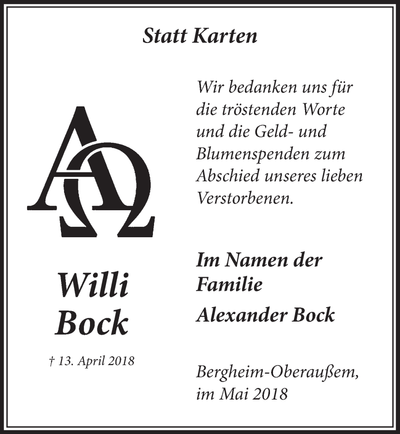  Traueranzeige für Willi Bock vom 12.05.2018 aus  Sonntags-Post 